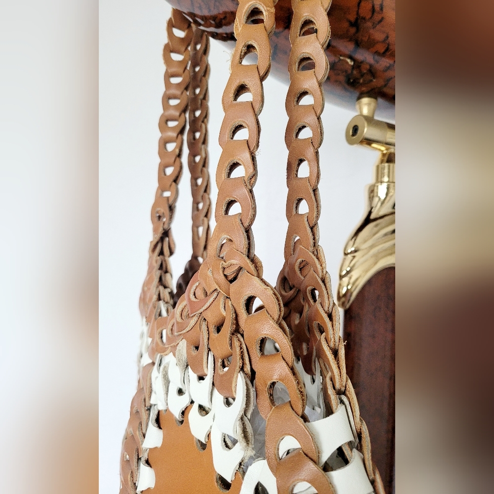 Genuine Braided Leather Boho Chic Hobo Bag Two-Tone Cognac/White - Picture 10 of 13